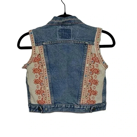 Levi's Girls Custom Upcycled Boho Cross-stitch Denim Vest - Picture 1 of 6